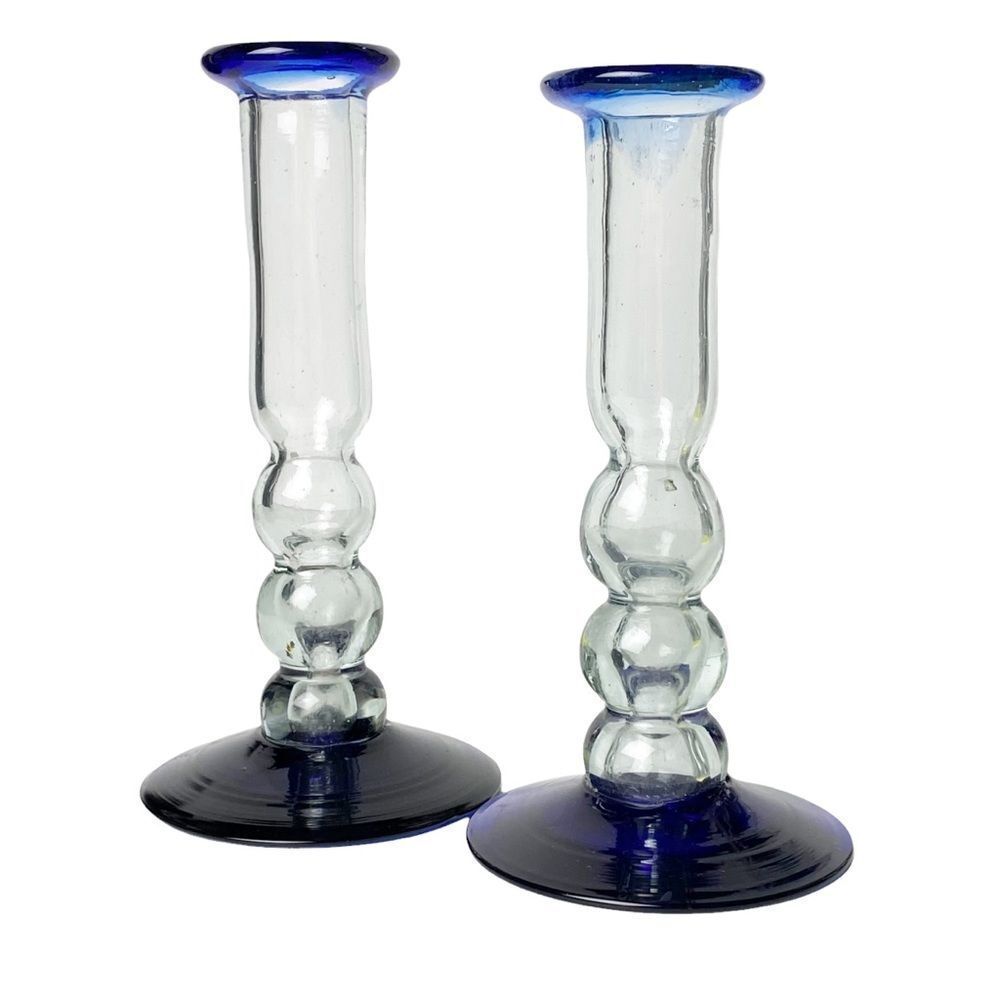 Vintage Blue Glass Candle Holders